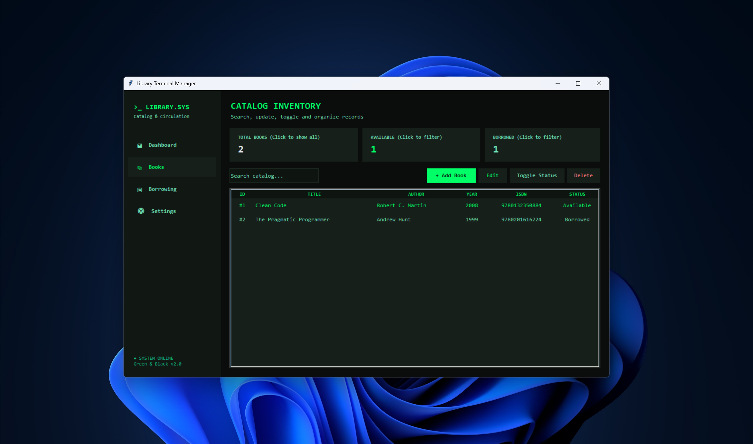 تصویر 1 از سیستم مدیریت کتابخانه و کتابداری با پایتون و Tkinter (تم ترمینال مدرن)